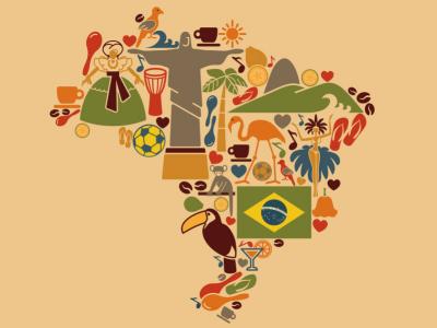 Imagem mostra mapa do Brasil com diversos aspectos da cultura nacional